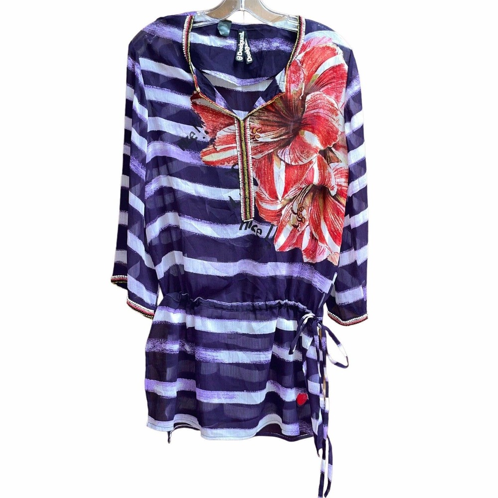 Desigual S Sheer Floral Beaded Tunic Top
